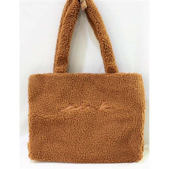 VICTORIA'S SECRET  PINK‎ Plush Fleece Sherpa Brown TOTE BAG Snap Closure NEW - Picture 6 of 7